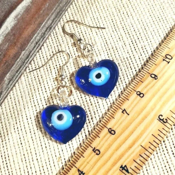 Evil Eye Murano Heart Earrings Blue - Picture 2 of 3